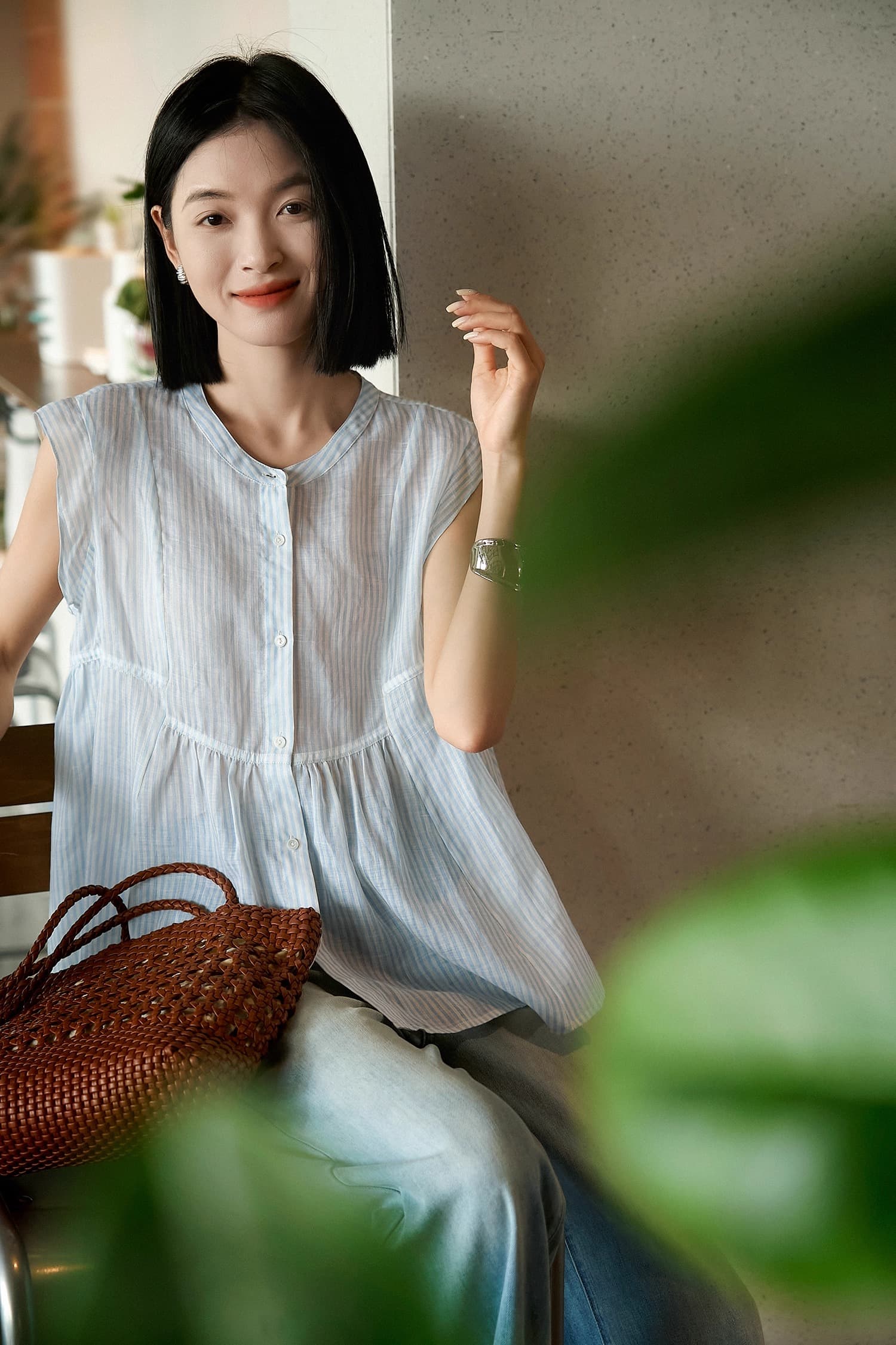 달빛 아래서 화이트 티 센 부서 작은 날다 소매 인형 셔츠 얇고 가벼운 아마 프랑스식 루즈핏 민소매 맨위 여성 이미지 4