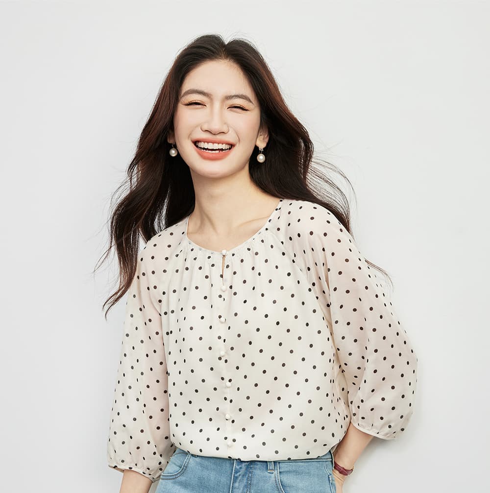 도트 무늬 꽃무늬 쉬폰 블라우스 여름 루즈핏 5 점 소매 셔츠 셔츠 여성 이미지 3