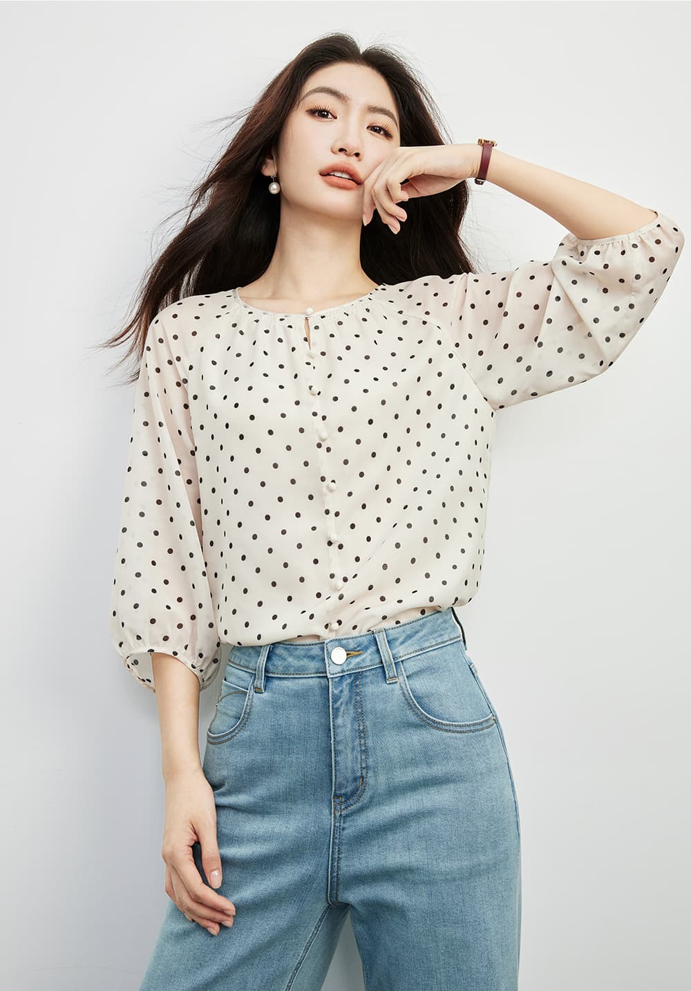 도트 무늬 꽃무늬 쉬폰 블라우스 여름 루즈핏 5 점 소매 셔츠 셔츠 여성 이미지 5