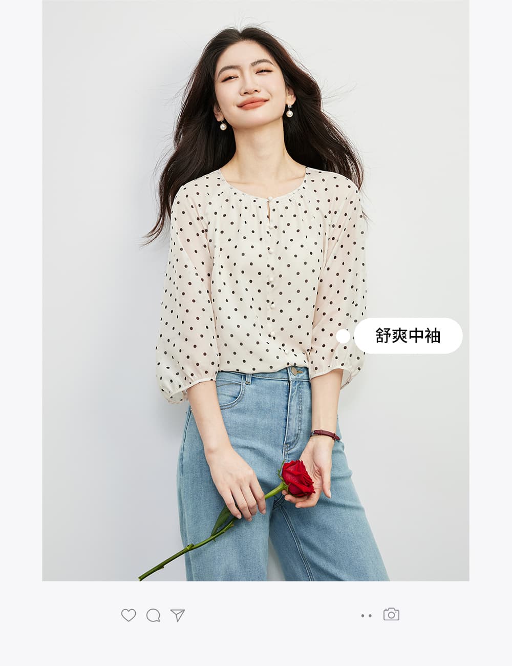 도트 무늬 꽃무늬 쉬폰 블라우스 여름 루즈핏 5 점 소매 셔츠 셔츠 여성 상세 이미지 4