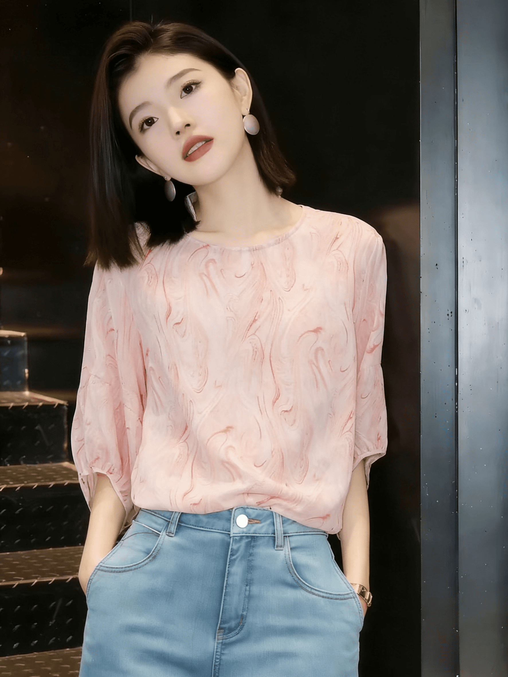 부드러운 바람 분말 색 후광 염색 거품 소매 쉬폰 블라우스 루즈핏 슬림해 보이는 품격 다용도 출퇴근 맨위 2026 여름 이미지 4