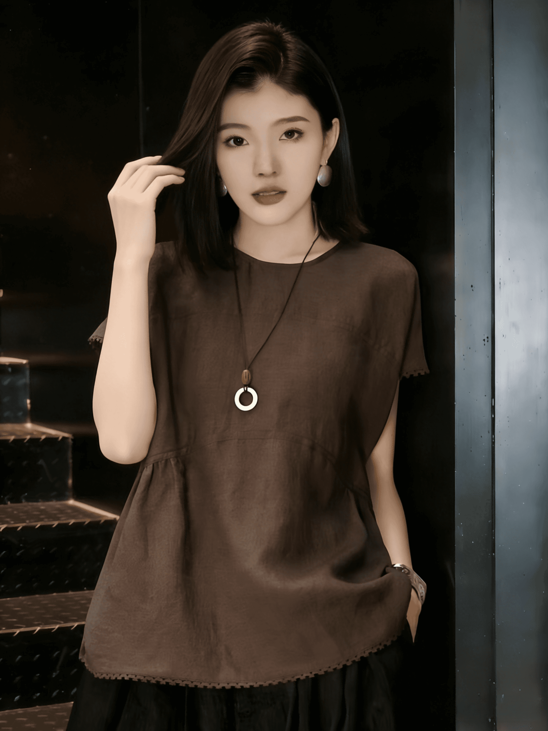 일본식 면 나병 아마 루즈핏 반팔 레이스 레이스 표지 고기 슬림해 보이는 연령 감소 맨위 여성 여름 상세 이미지 5