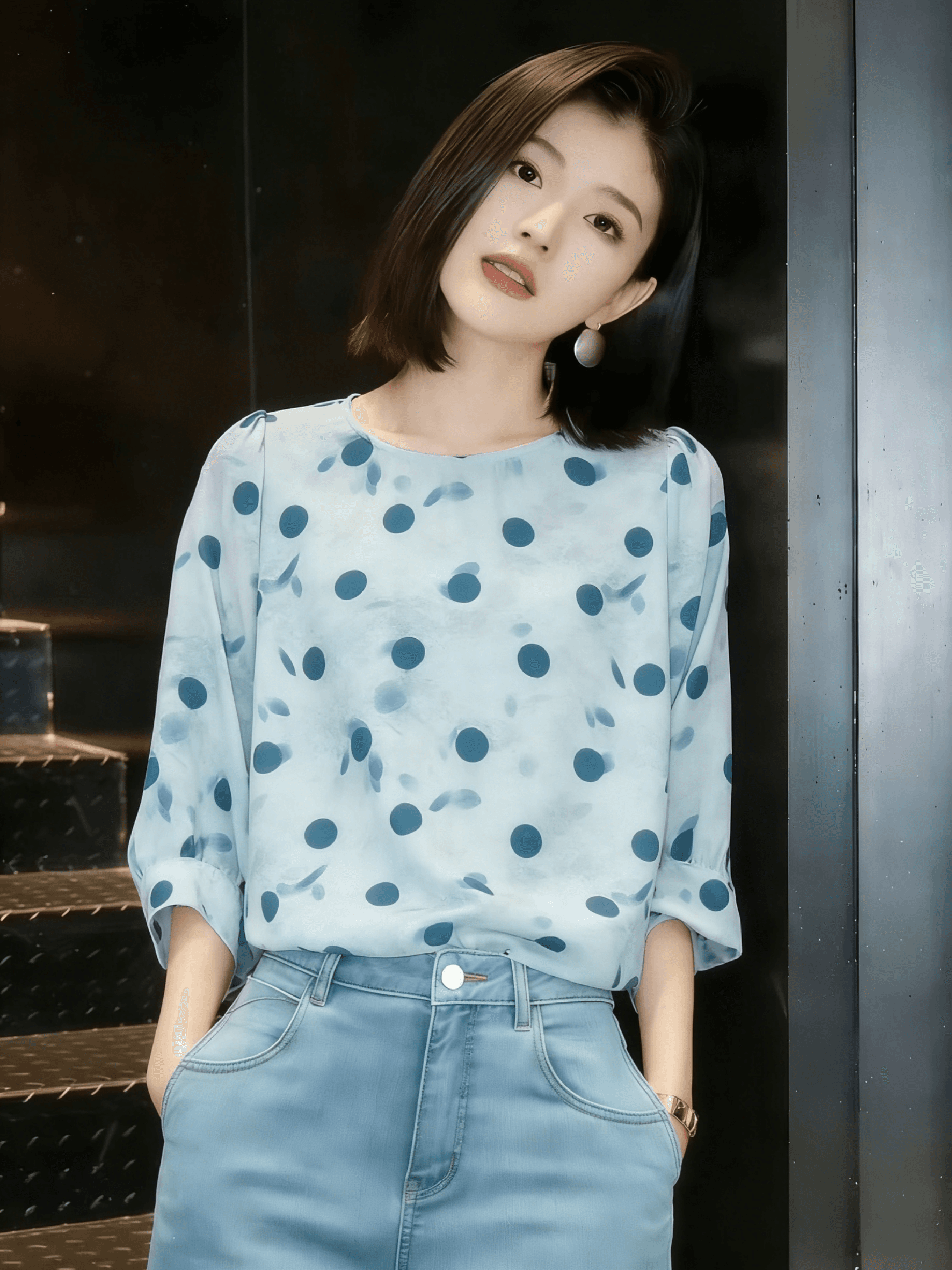 부드러운 안개 블루 대 도트 무늬 쉬폰 블라우스 7부 소매 루즈핏 표지 고기 슬림해 보이는 다용도 출퇴근 맨위 여성