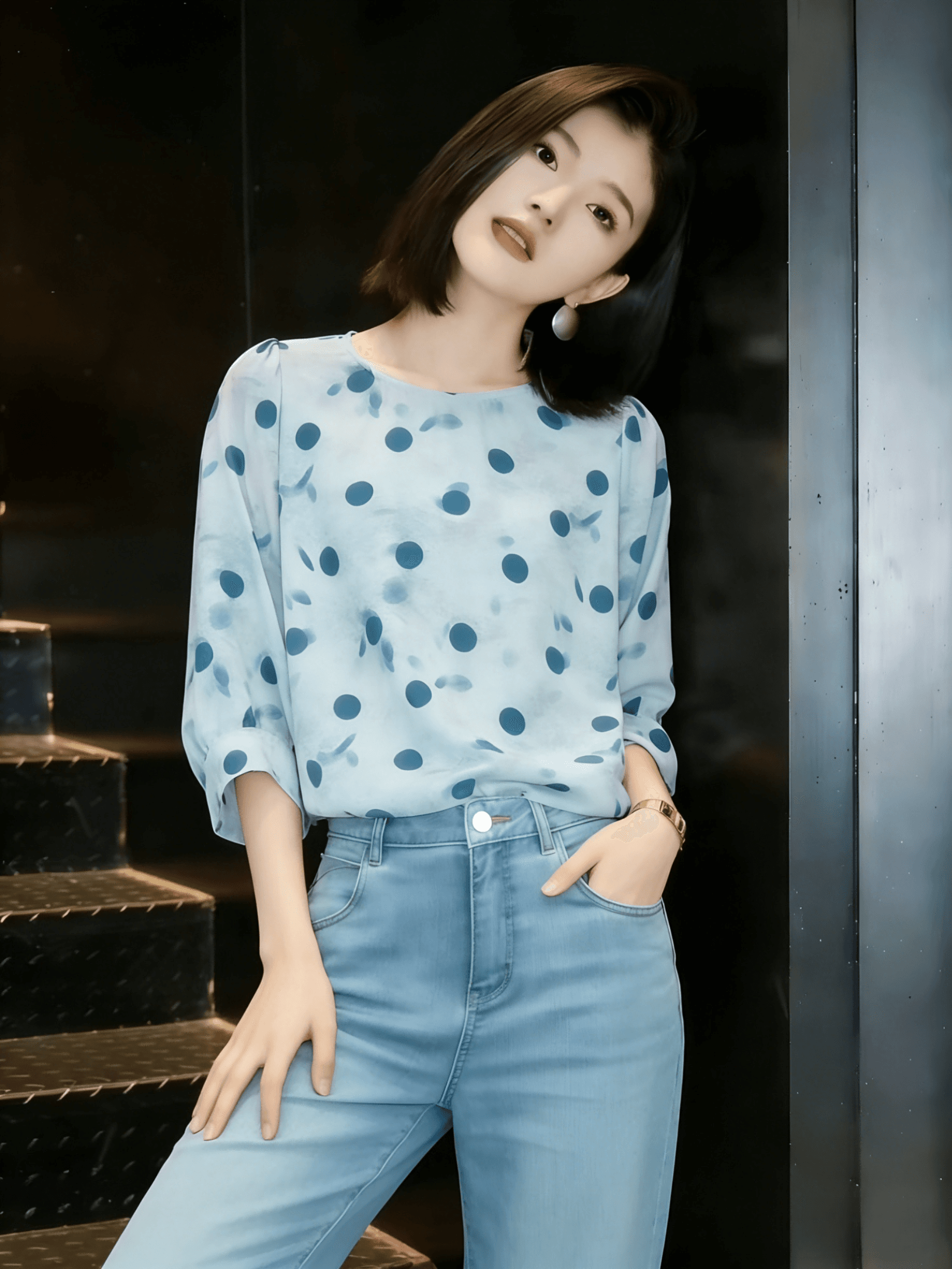 부드러운 안개 블루 대 도트 무늬 쉬폰 블라우스 7부 소매 루즈핏 표지 고기 슬림해 보이는 다용도 출퇴근 맨위 여성 이미지 2