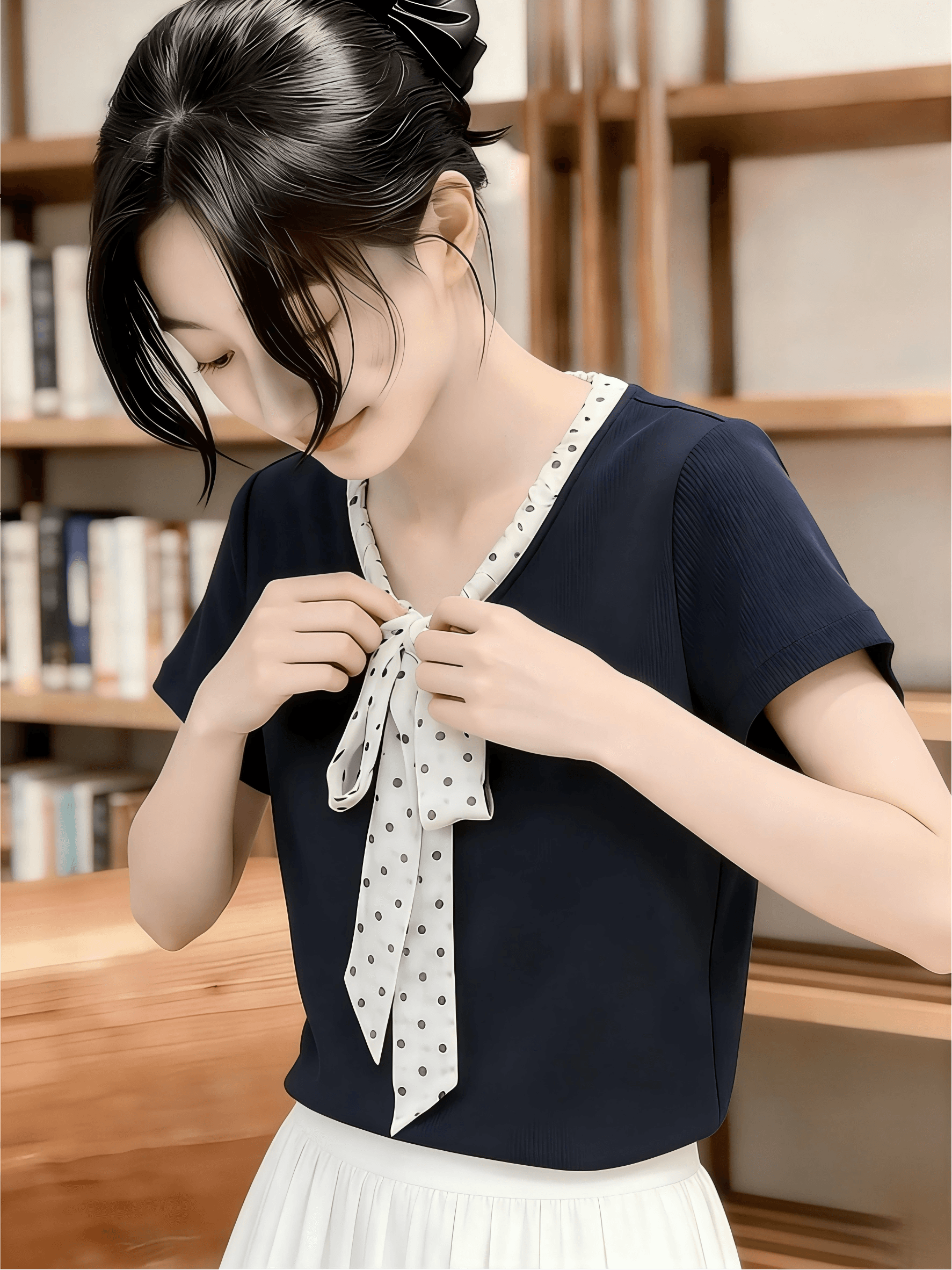 도트 무늬 나비 넥타이 V넥 티셔츠 여성 2026 여름 새로운 패션 캐주얼 긍정적 인 어깨 반팔 맨위 상세 이미지 5