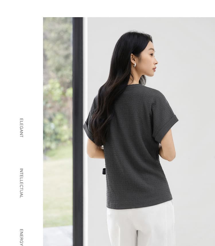 디자인 센스 레이스업 반팔 티셔츠 여성 2026 여름 새로운 버블 질감 품격 슬림해 보이는 라운드 넥 맨위 상세 이미지 21