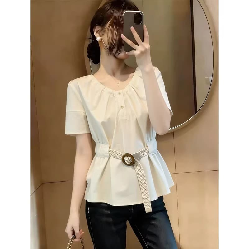 패션 디자인 센스 주름 허리 수축 반팔 여성 셔츠 여름 빅 사이즈 지방 mm 품격 연령 감소 슬림해 보이는 화이트 맨위 상세 이미지 3