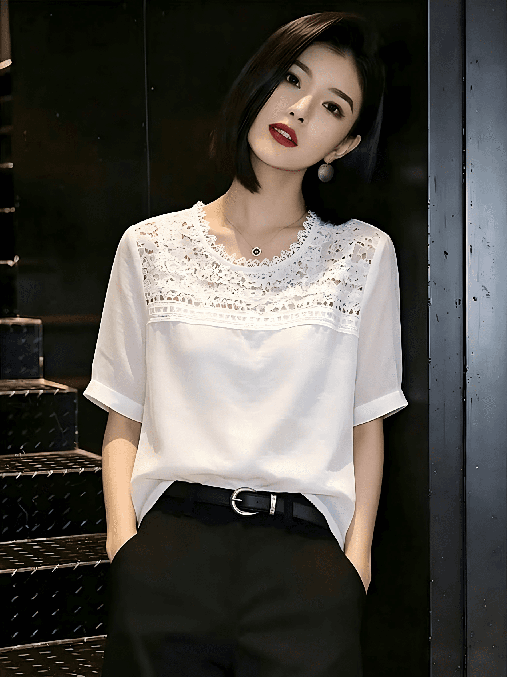 하나 꿈 떠 다니는 무거운 작업 레이스 아마 반소매 셔츠 루즈핏 라운드 넥 여성 셔츠 265 여름 새로운 상세 이미지 5