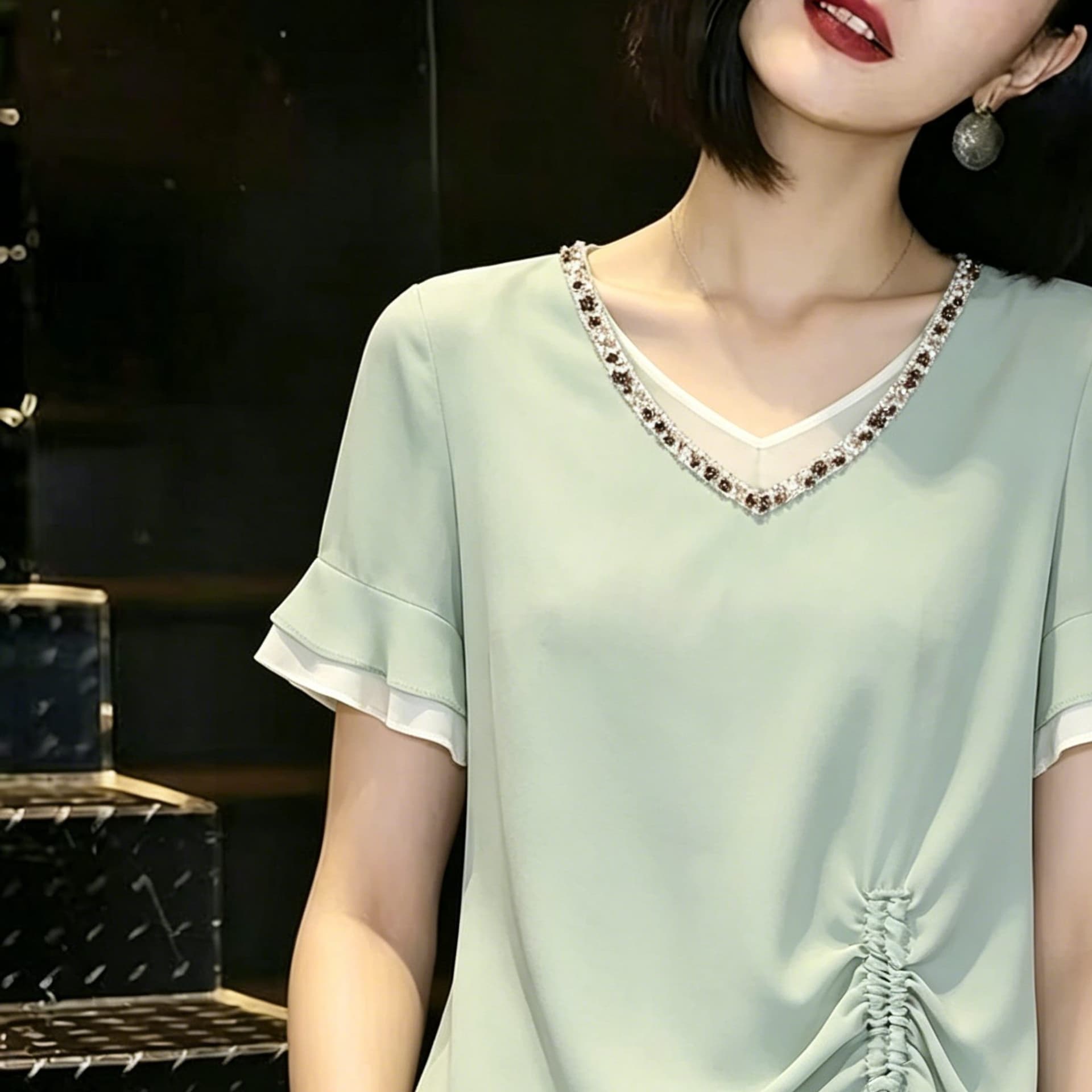 26 여름 새로운 여성 미니멀리즘 다용도 리본 연꽃 잎 소매 펌프 Pleat 배색 페이크 레이어드 쉬폰 셔츠 이미지 2