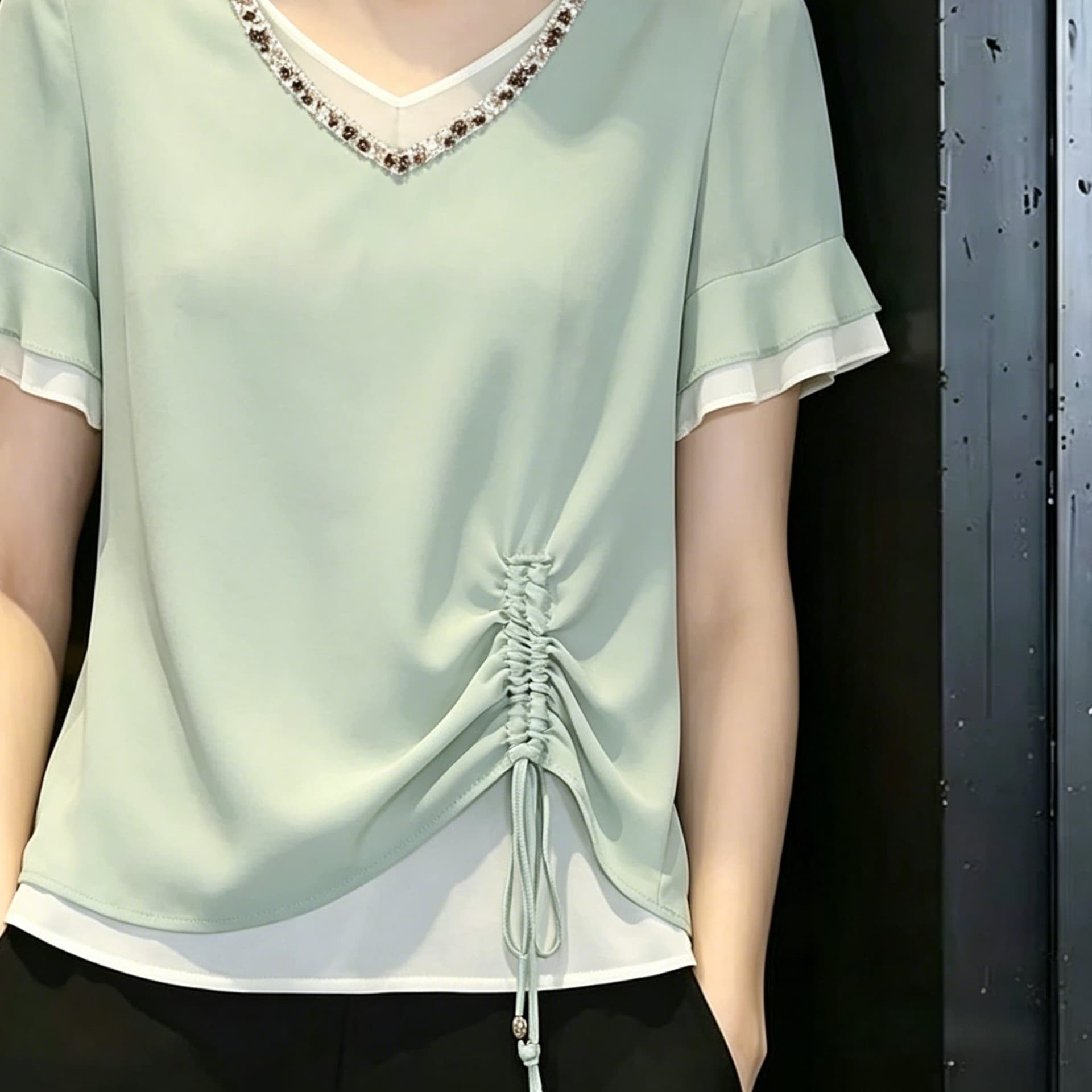 26 여름 새로운 여성 미니멀리즘 다용도 리본 연꽃 잎 소매 펌프 Pleat 배색 페이크 레이어드 쉬폰 셔츠 이미지 3