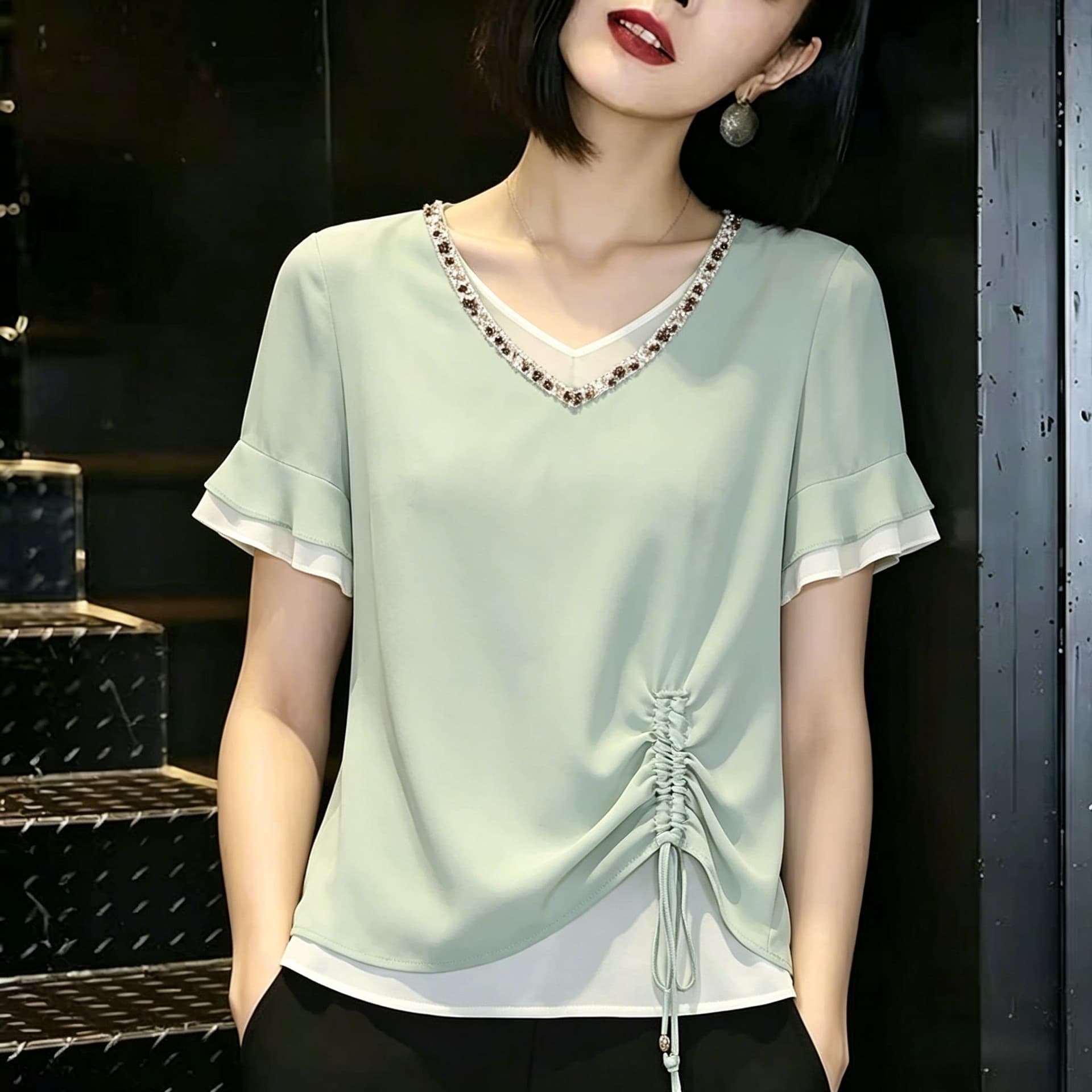 26 여름 새로운 여성 미니멀리즘 다용도 리본 연꽃 잎 소매 펌프 Pleat 배색 페이크 레이어드 쉬폰 셔츠 상세 이미지 5