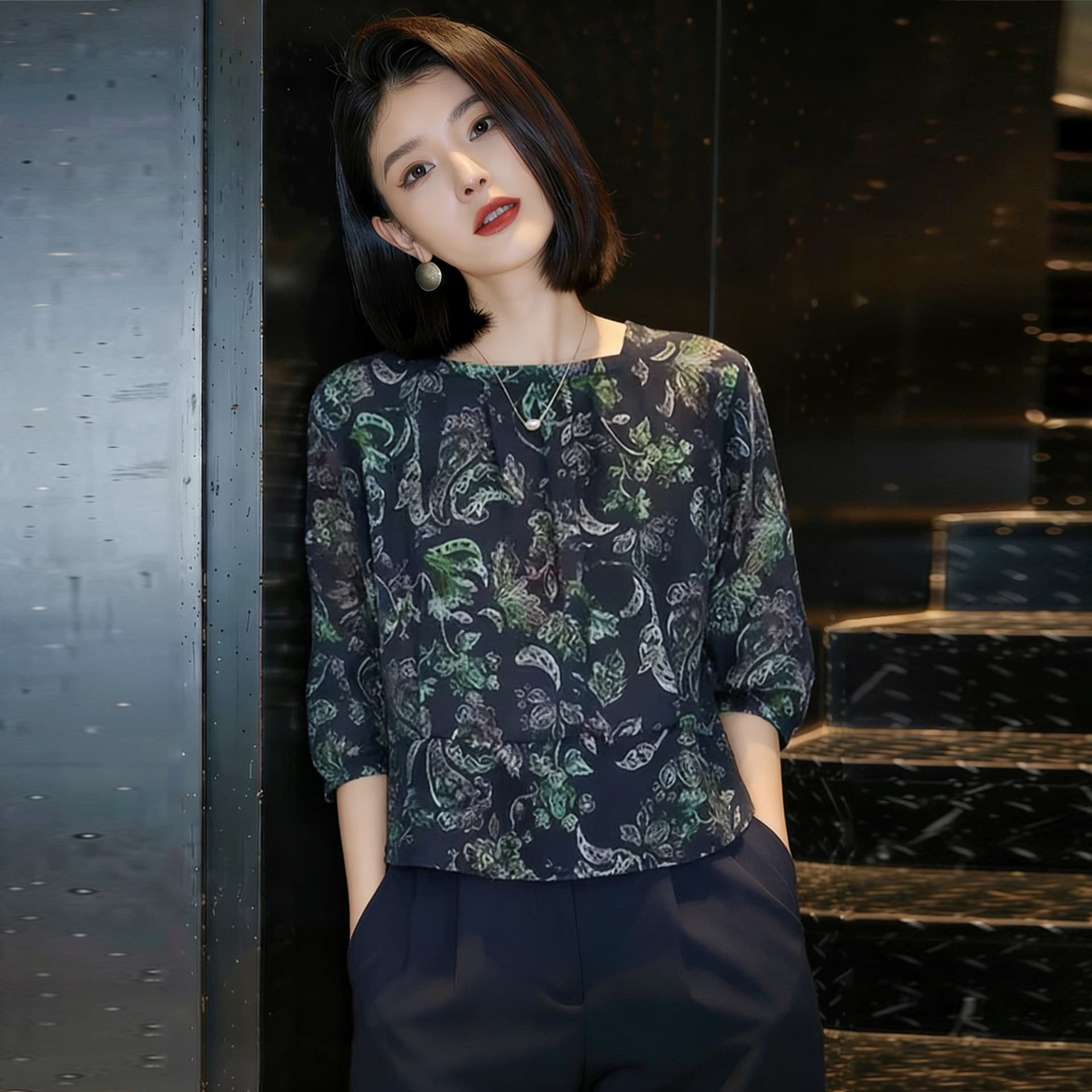 고급 센스 광장 칼라 프린트 여성 셔츠 여름 새로운 외국 가스 연령 감소 루즈핏 슬림해 보이는 캐주얼 Chic 작은 셔츠 맨위 이미지 4