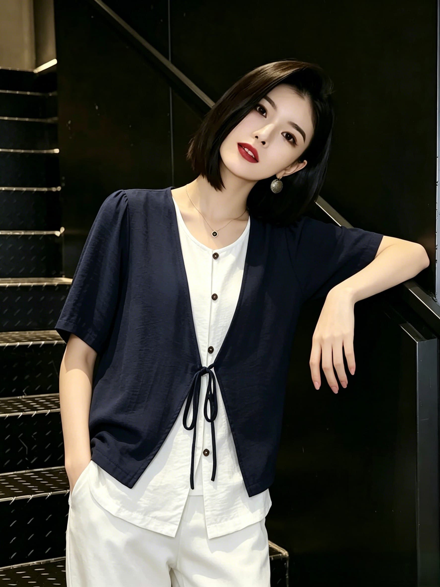 페이크 레이어드 여성 셔츠 2026 여름 새로운 루즈핏 빅 사이즈 표지 배 캐주얼 슬림해 보이는 패치워크 배색 반팔 맨위 이미지 2