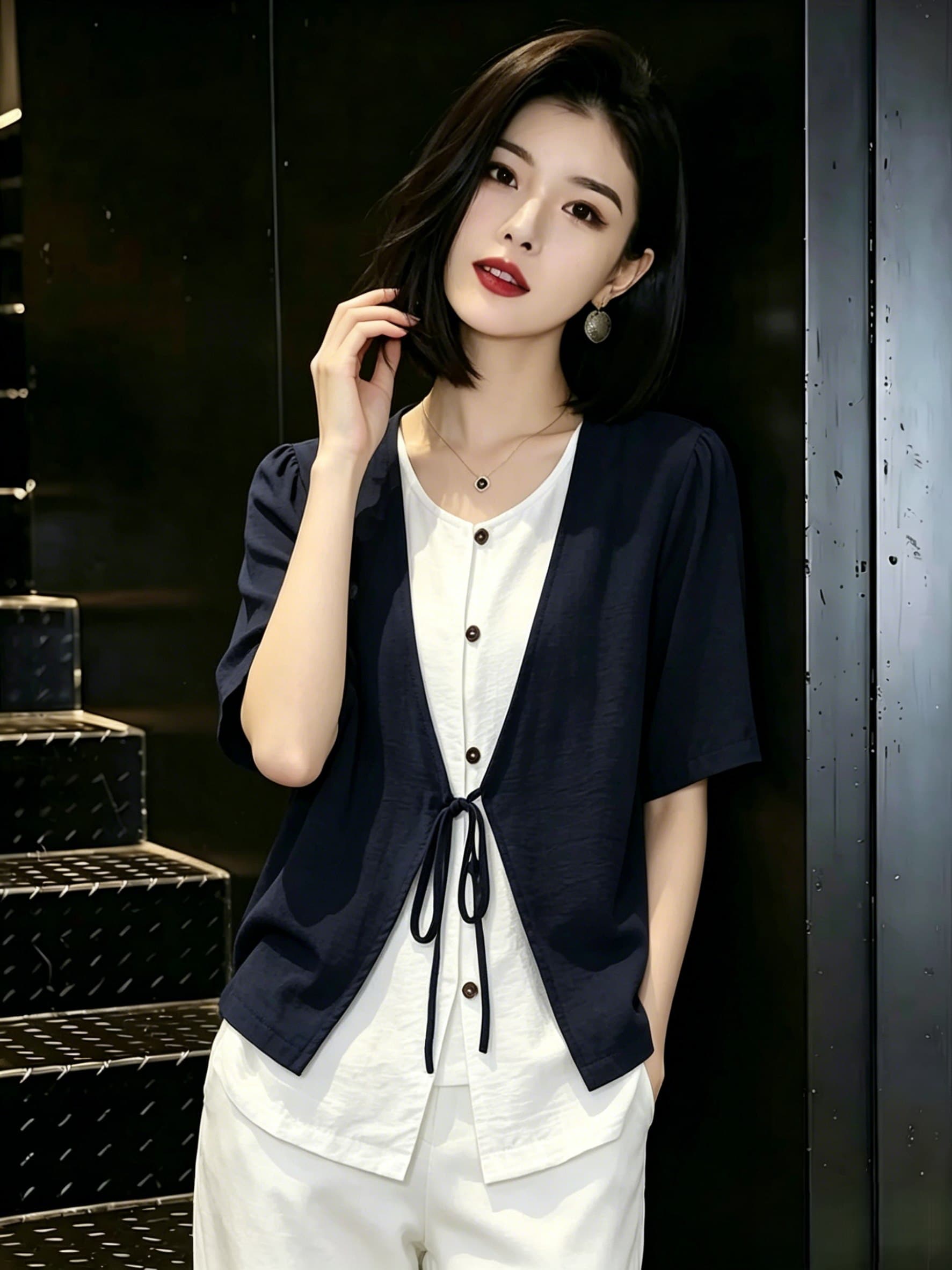 페이크 레이어드 여성 셔츠 2026 여름 새로운 루즈핏 빅 사이즈 표지 배 캐주얼 슬림해 보이는 패치워크 배색 반팔 맨위