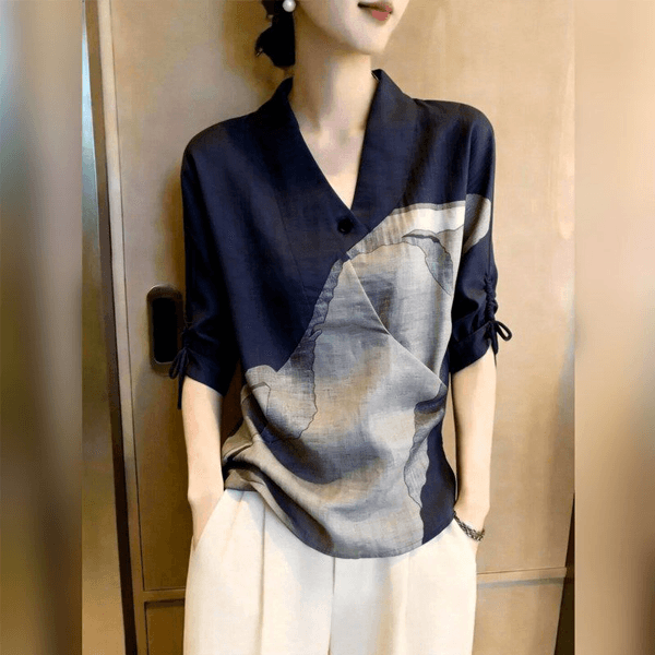 프랑스식 레트로 블루 색상 프린트 V넥 여성 셔츠 여름 새로운 슈퍼 화재 고유 한 연령 감소 아름다운 여성 의류 맨위 이미지 2