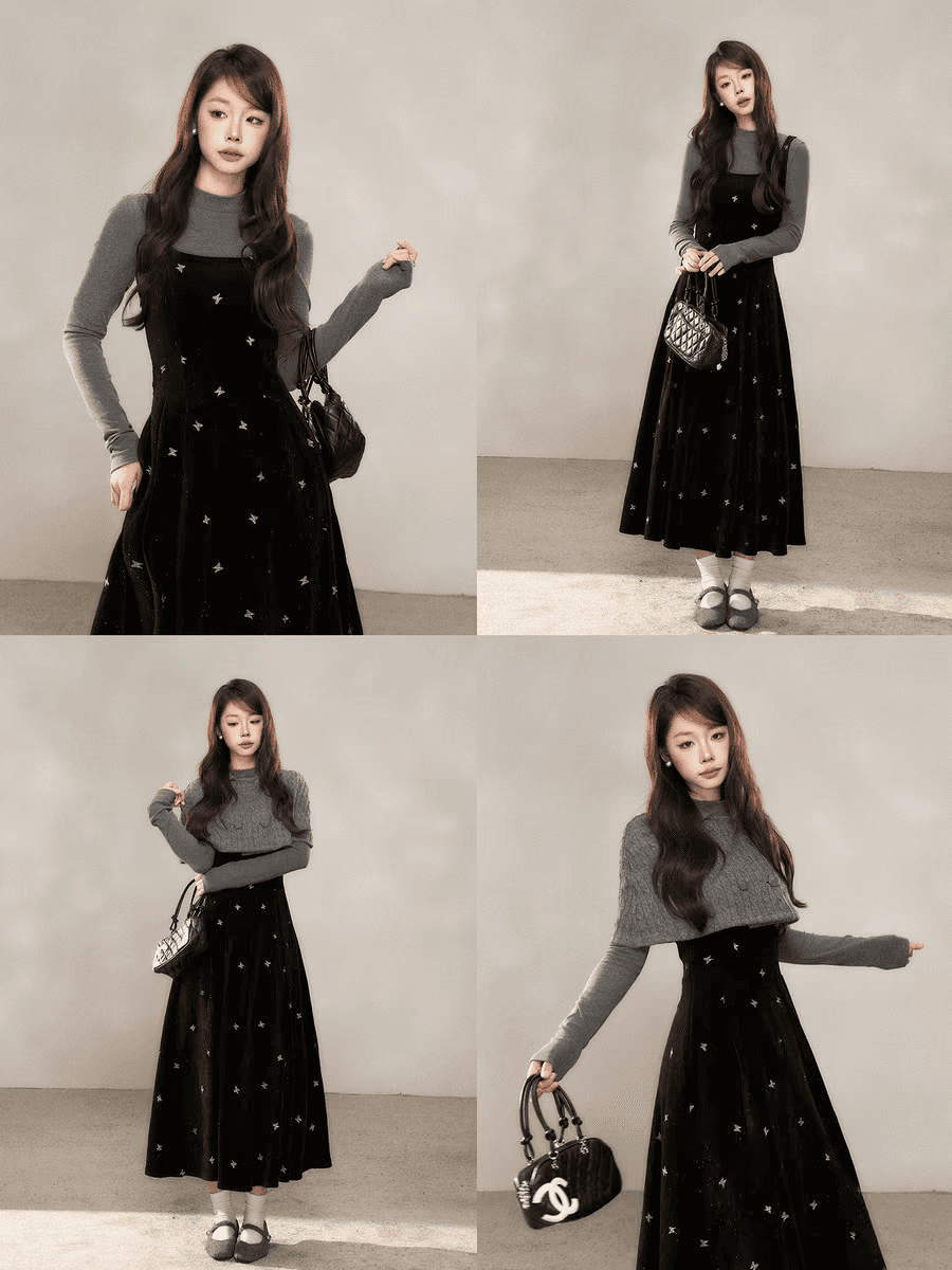 하나 오노 라스베리 한 부서 허리 수축 조끼 여성 드레스 겨울 새로운 슈퍼 잘 생긴 ~ 중 나비 매듭 디자인 롱 스커트 이미지 4