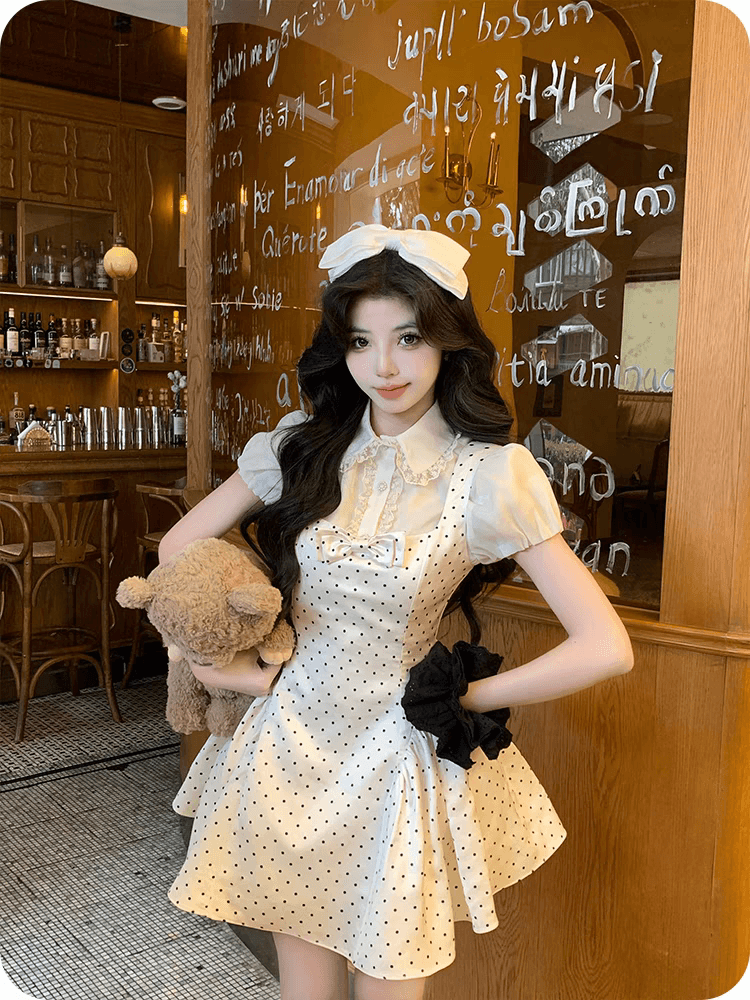 의류 오직 작은 사슴 오리지널 여성 의류 새틴 나비 매듭 레트로 달콤함 도트 무늬 드레스 프랑스식 연인 허리 수축 치마 이미지 3