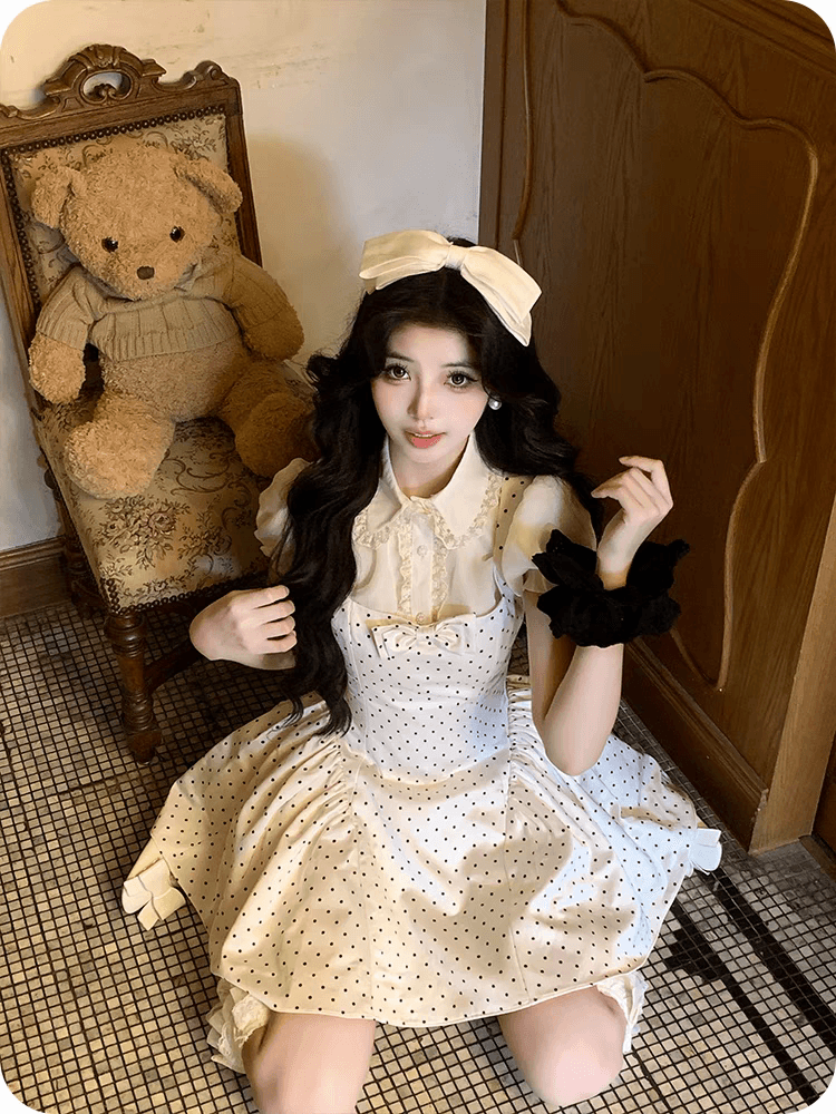 의류 오직 작은 사슴 오리지널 여성 의류 새틴 나비 매듭 레트로 달콤함 도트 무늬 드레스 프랑스식 연인 허리 수축 치마 이미지 4