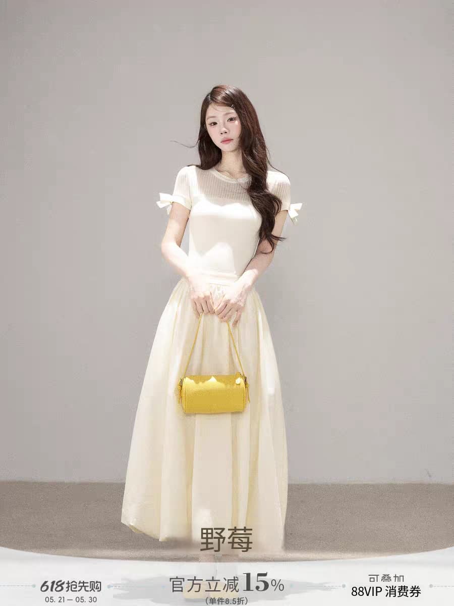하나 오노 라스베리 프랑스식 부드러운 바람 반팔 여성 드레스 2026 여름 새로운 패치워크 디자인 품격 롱 스커트 이미지 2