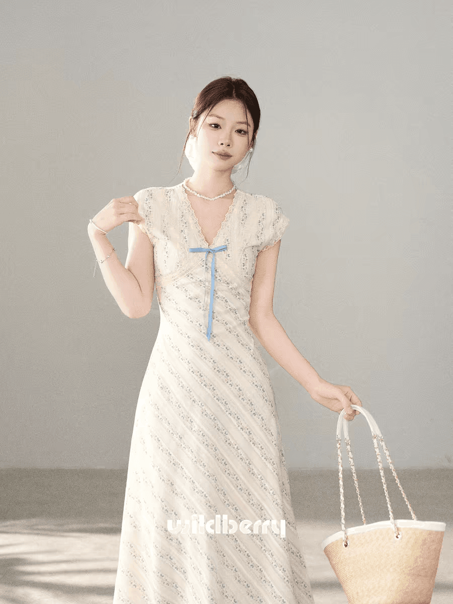 하나 오노 라스베리 V넥 품격 여성 드레스 2026 여름 새로운 레이스 조각 고급 센스 허리 수축 롱 스커트 이미지 4