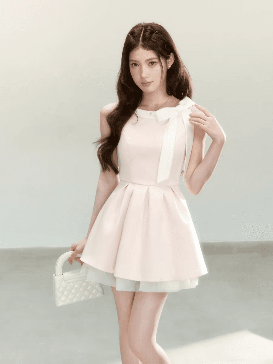 qdqd 우아함 천 골드 센스 핑크색 민소매 드레스 여름 새로운 허리 수축 슬림해 보이는 패치워크 망사 퍼프 스커트