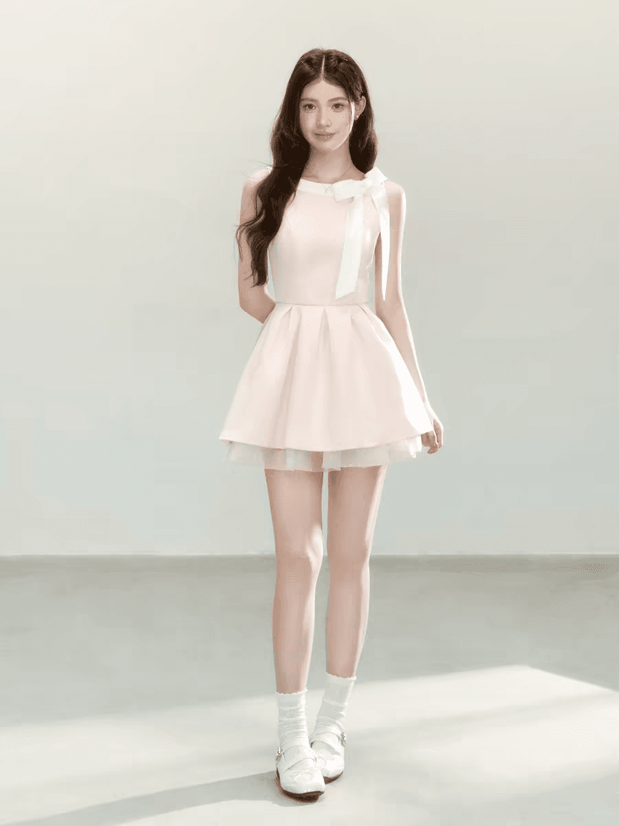 qdqd 우아함 천 골드 센스 핑크색 민소매 드레스 여름 새로운 허리 수축 슬림해 보이는 패치워크 망사 퍼프 스커트 이미지 3