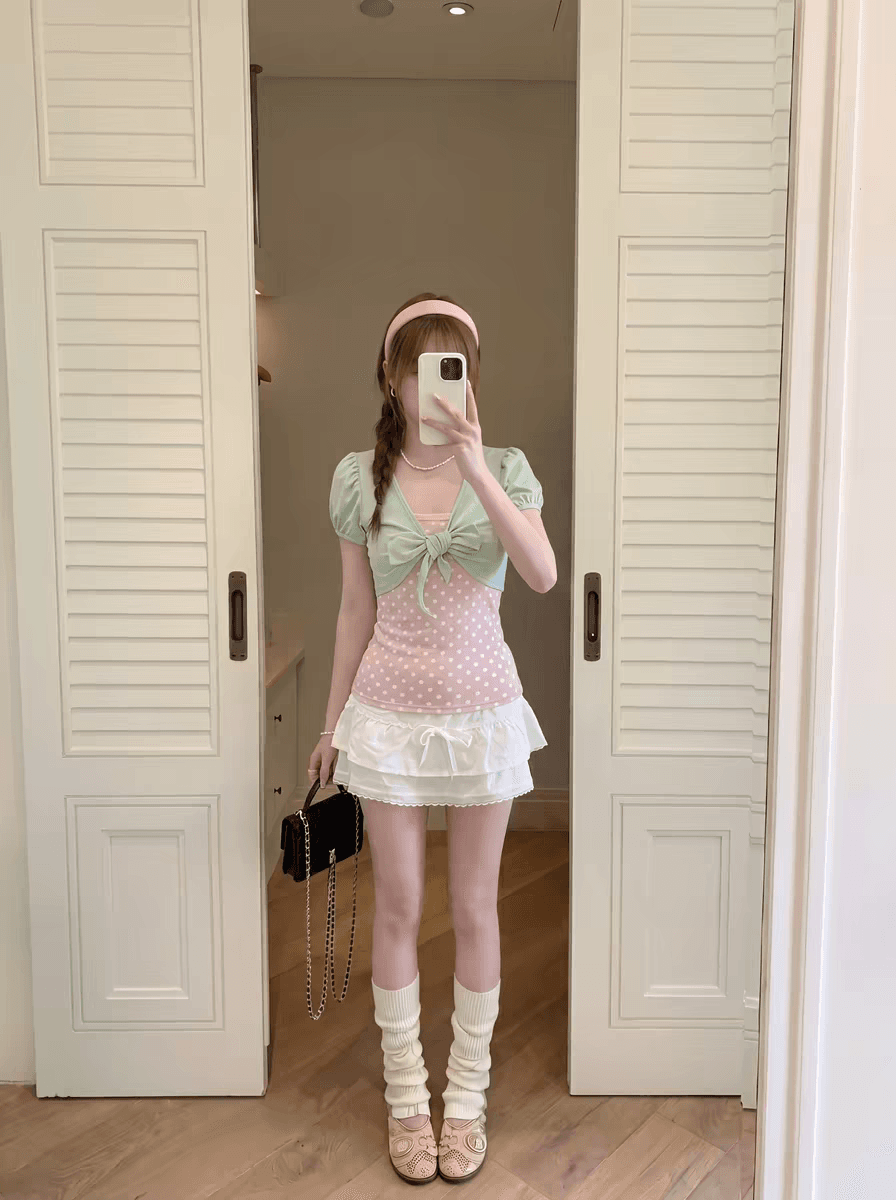 구멍 사실 귀 찮 나 달콤함 페이크 레이어드 도트 무늬 반팔 티셔츠 여성 여름 디자인 센스 나비 매듭 스트랩 몸매 가꾸기 맨위 이미지 2