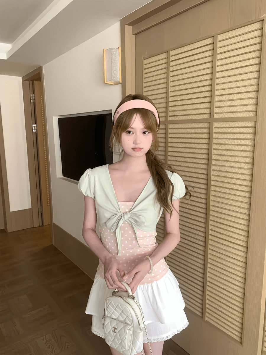 구멍 사실 귀 찮 나 달콤함 페이크 레이어드 도트 무늬 반팔 티셔츠 여성 여름 디자인 센스 나비 매듭 스트랩 몸매 가꾸기 맨위 이미지 4