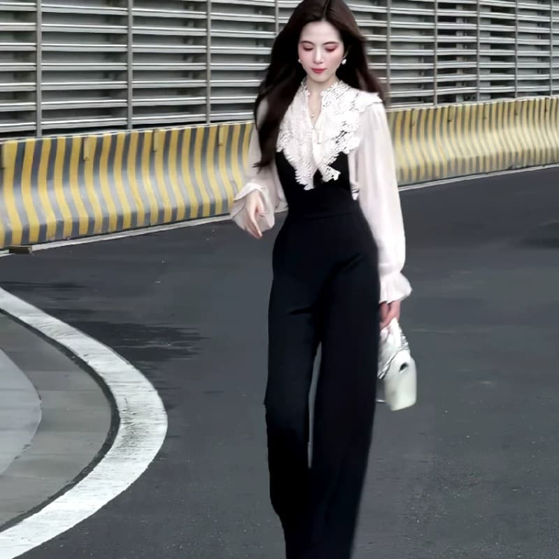 인터넷 유명인 새로운 2026 가을 패션 품격 맨위 멜빵 긴 바지 세트 투피스 세트 이미지 6