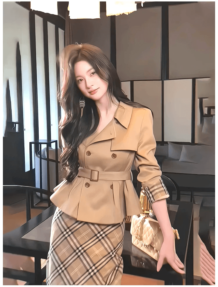 인터넷 유명인 새로운 2026 가을 맨위 체크무늬 치마 세트 투피스 세트 이미지 2
