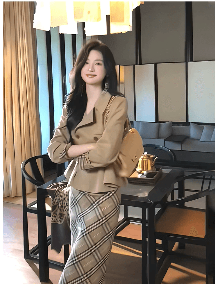 인터넷 유명인 새로운 2026 가을 맨위 체크무늬 치마 세트 투피스 세트 상세 이미지 3
