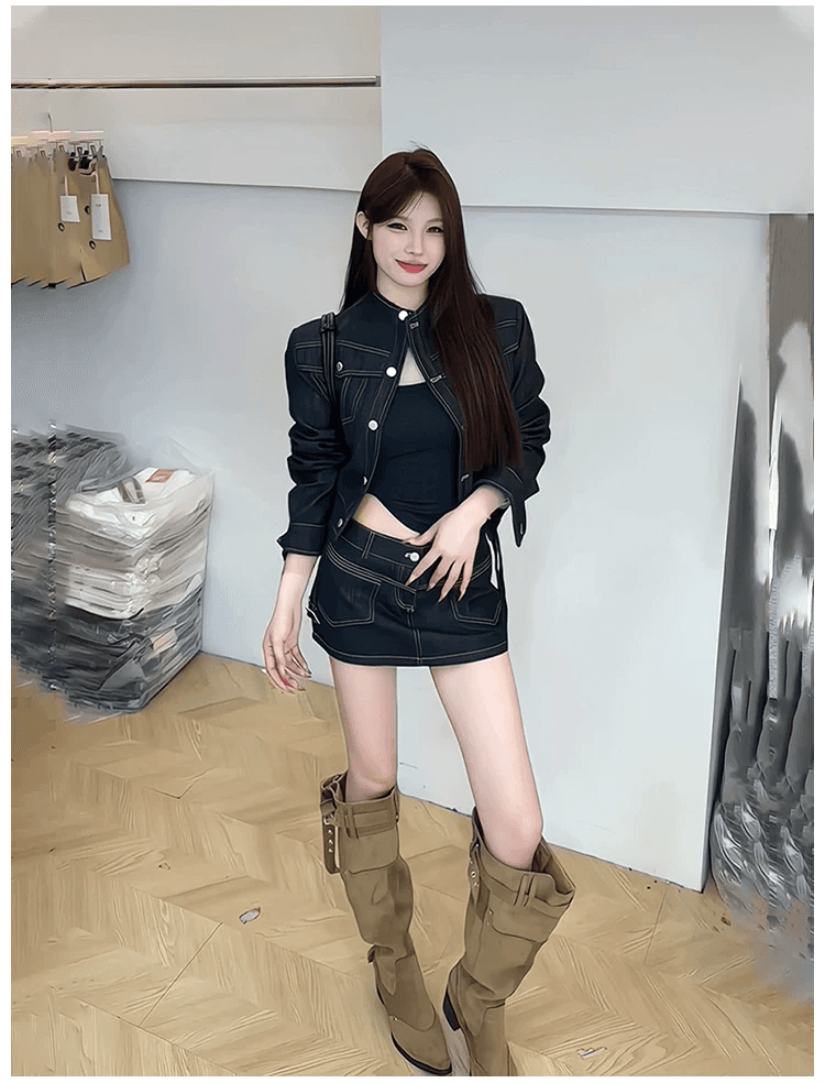 인터넷 유명인 새로운 2026 가을 패션 싱글 줄 버튼 데님 맨위 미니 스커트 세트 투피스 세트 이미지 5