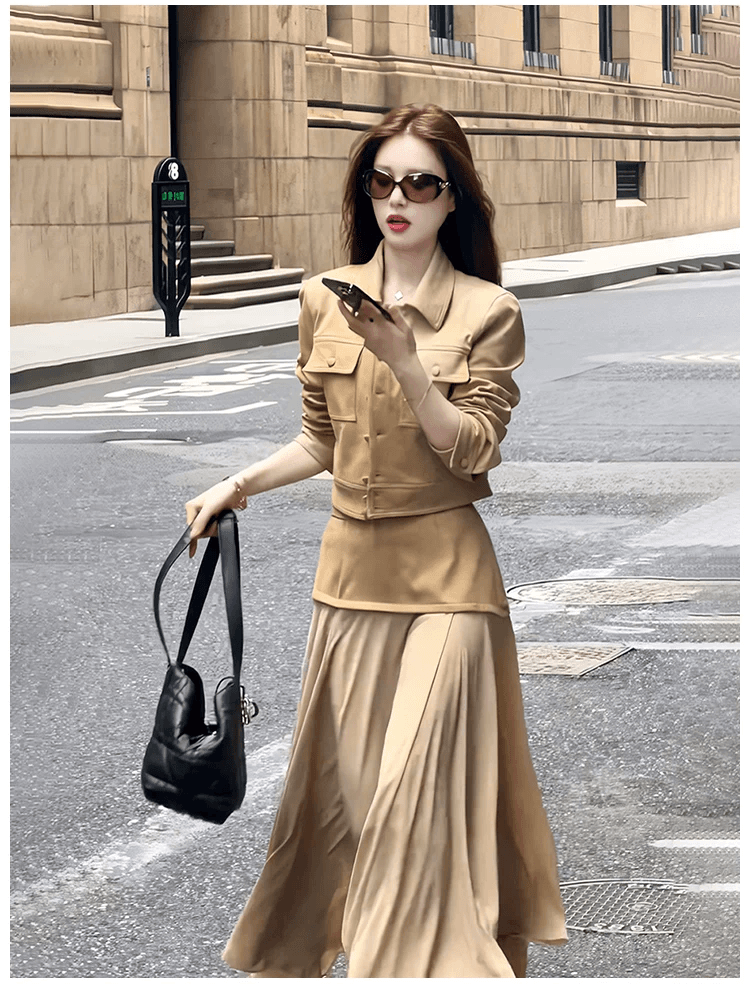 인터넷 유명인 새로운 2026 가을 패션 싱글 줄 버튼 맨위 패치워크 롱 스커트 세트 투피스 세트 이미지 2