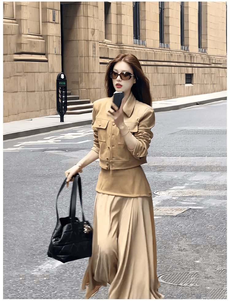 인터넷 유명인 새로운 2026 가을 패션 싱글 줄 버튼 맨위 패치워크 롱 스커트 세트 투피스 세트 상세 이미지 4