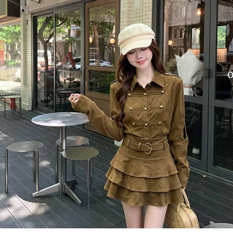 인터넷 유명인 새로운 2026 가을 패션 폴로 칼라 재킷 미니 스커트 세트 투피스 세트 이미지 4