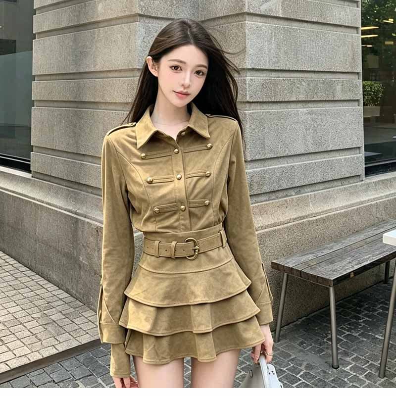 인터넷 유명인 새로운 2026 가을 패션 폴로 칼라 재킷 미니 스커트 세트 투피스 세트 상세 이미지 2