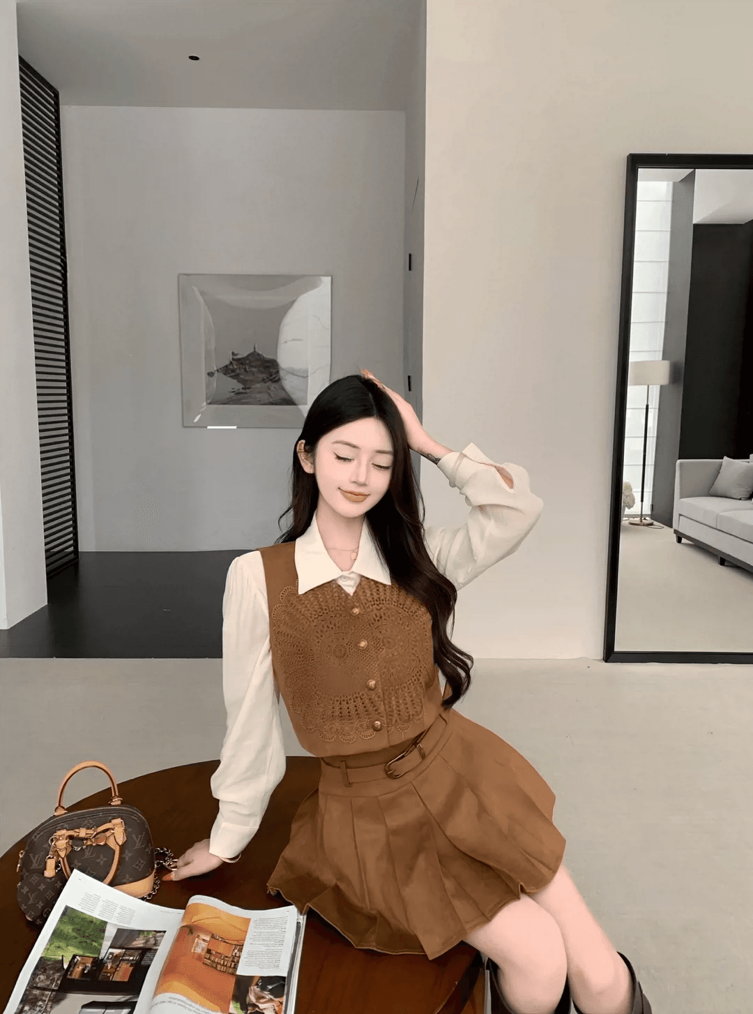 인터넷 유명인 새로운 2026 가을 패션 품격 셔츠 재킷 미니 스커트 세트 3종 세트 이미지 4