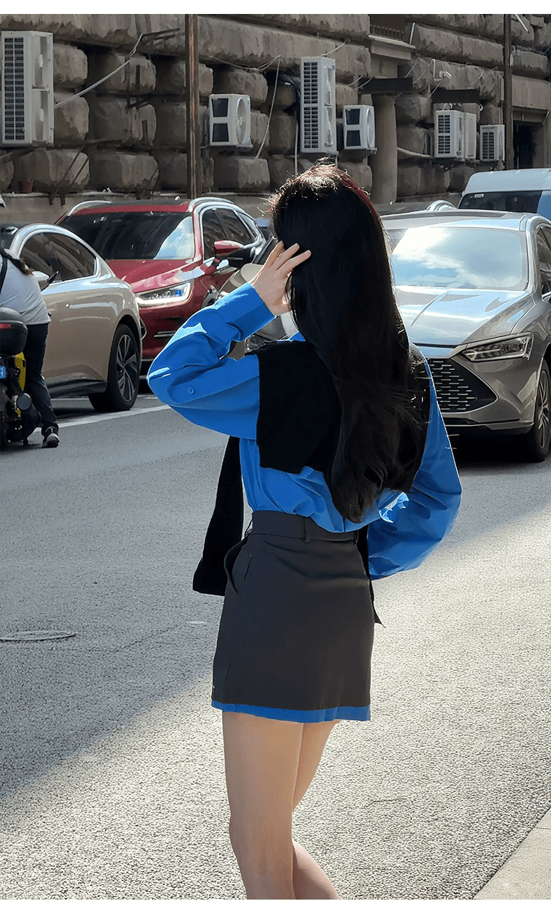 인터넷 유명인 새로운 2026 가을 패션 품격 슬림해 보이는 배색 맨위 핫걸 미니 스커트 세트 투피스 세트 상세 이미지 6