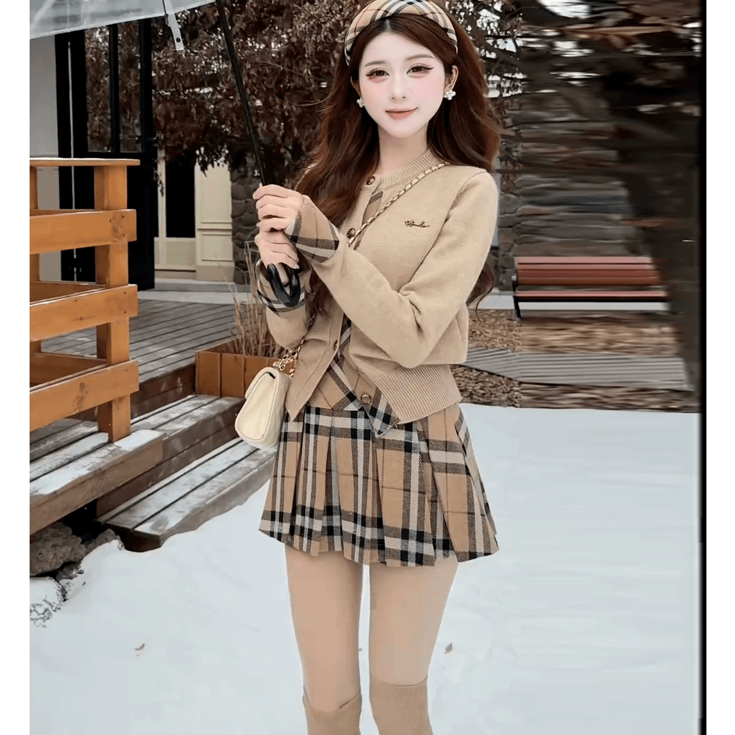 인터넷 유명인 새로운 2026 가을 시간 맨위 체크무늬 미니 스커트 세트 투피스 세트 이미지 4