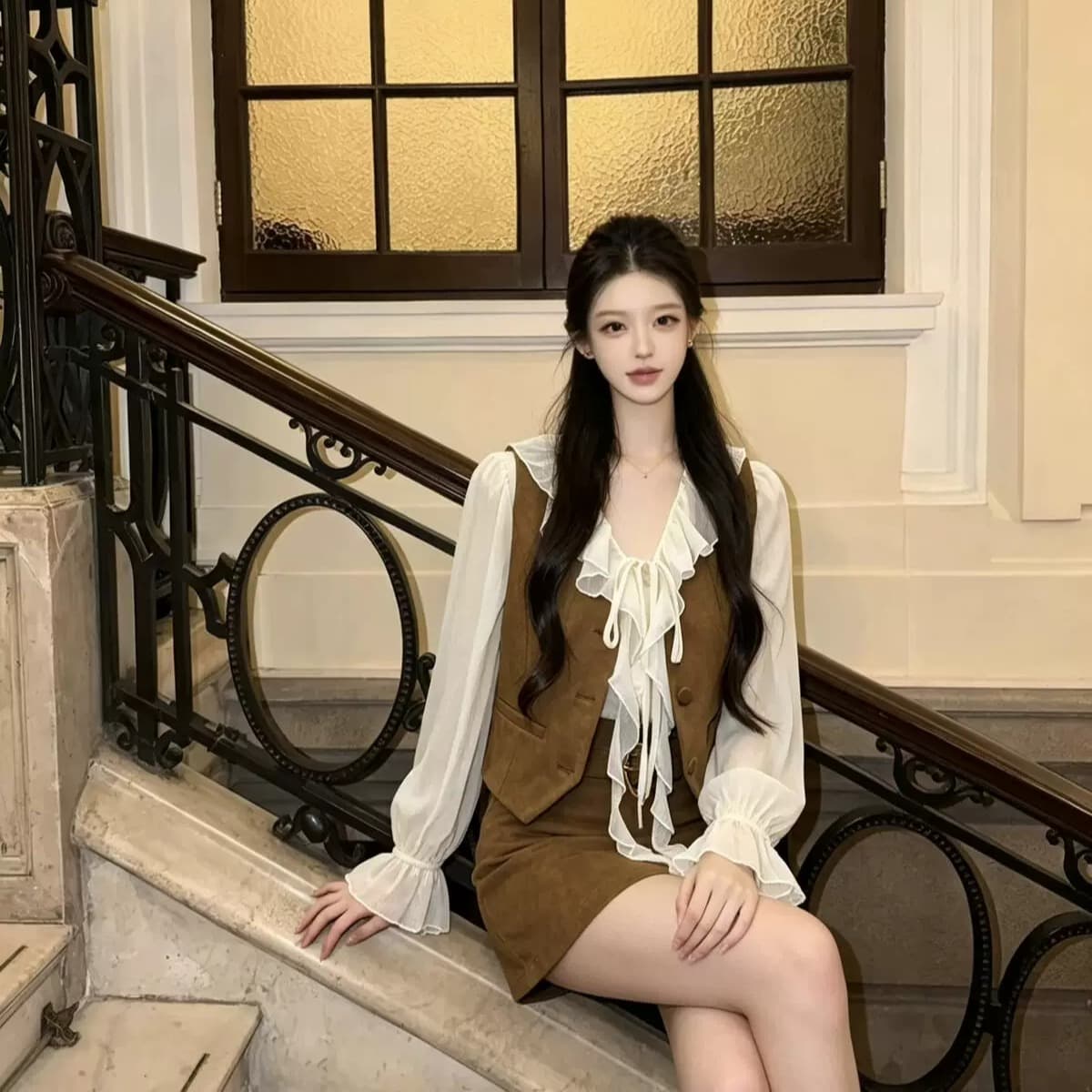 인터넷 유명인 새로운 2026 가을 패션 슬림해 보이는 셔츠 재킷 미니 스커트 세트 3종 세트 이미지 5