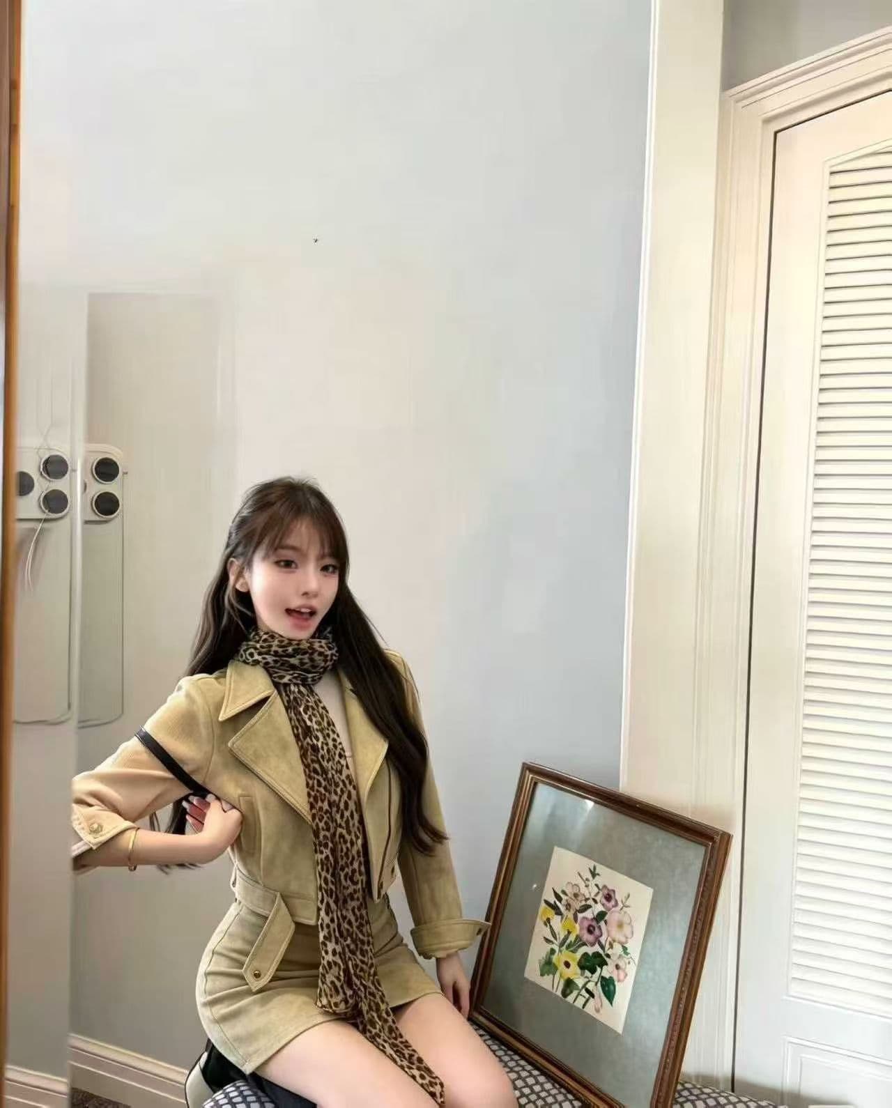 인터넷 유명인 새로운 2026 가을 패션 재킷 미니 스커트 레오파드 무늬 스카프 세트 3종 세트 상세 이미지 8
