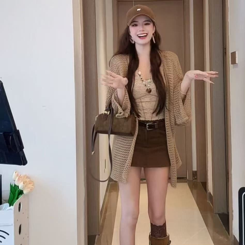 인터넷 유명인 새로운 2026 가을 패션 품격 맨위 슬립 미니 스커트 세트 3종 세트 이미지 6