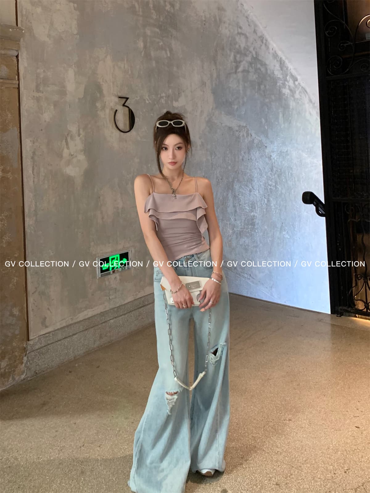 gv 큰 흰색 형제 빛 사람들 단 닝 스트레이트 루즈핏 도루 센스 찢어진 워싱 청바지 거리 바람 캐주얼 긴 바지 여성 상세 이미지 29