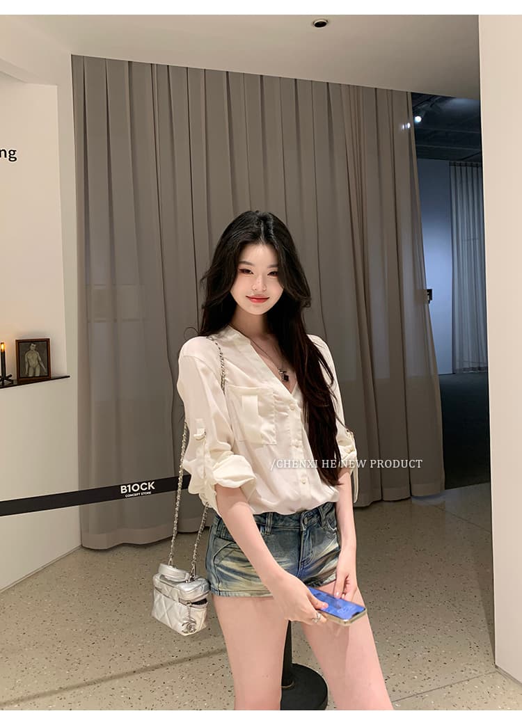 그는 아침 하늘색 레트로 마 오래된 슬림해 보이는 로우 웨이스트 데님 반바지 워싱 공예 타이트 패키지 팔 핫 바지 여름 상세 이미지 28