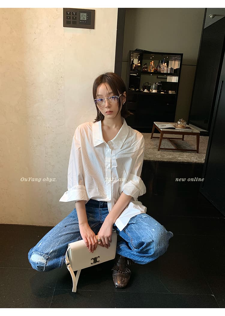 지구 Ouyang 찢어진 부분 먹물 청바지 여성 봄 새로운 루즈핏 스트레이트 바닥 청소 긴 바지 마 오래된 레트로 바지 상세 이미지 23