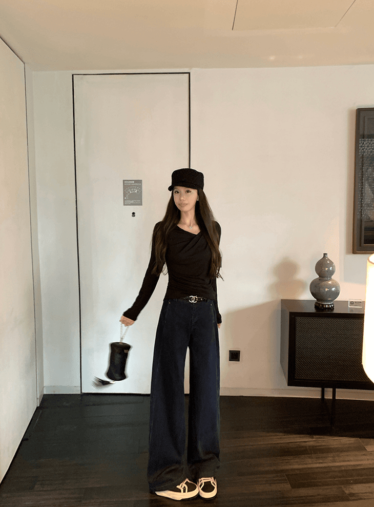 큰 병 맞춤 작은 대중 부서 무거운 작업 vintage 워싱 색상 좁은 에디션 넓은 다리 청바지 여성 슬림해 보이는 스트레이트 다리 바지 상세 이미지 16