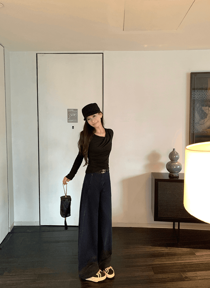 큰 병 맞춤 작은 대중 부서 무거운 작업 vintage 워싱 색상 좁은 에디션 넓은 다리 청바지 여성 슬림해 보이는 스트레이트 다리 바지 상세 이미지 17