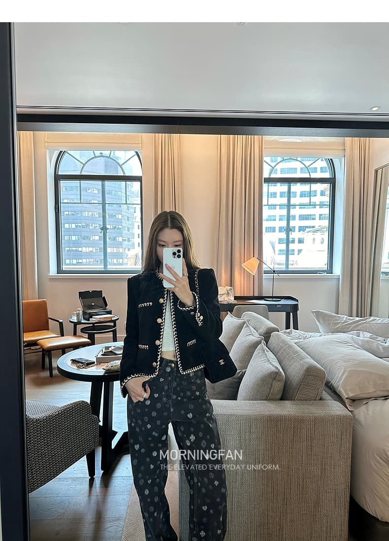 안녕하세요. 팬 팬 세부 사항 당겨서 전체 25b 어둠 곡물 전체 인쇄 청바지 스트레이트 슬림해 보이는 일반 연삭 털 긴 바지 상세 이미지 24