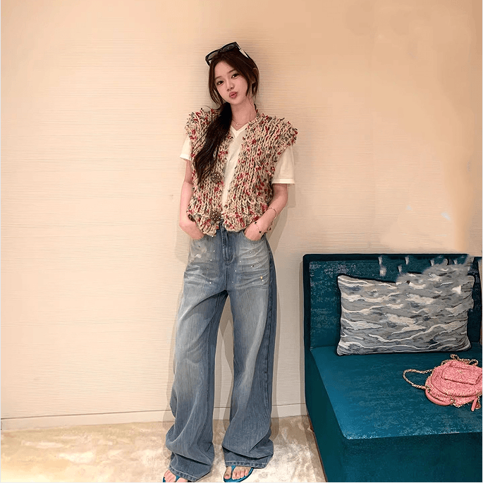 첸 좋은 난 이른 봄 선호 블루스 무거운 작업 색상 진주 핫픽스 하늘색 데님 와이드 레그 팬츠 상세 이미지 1