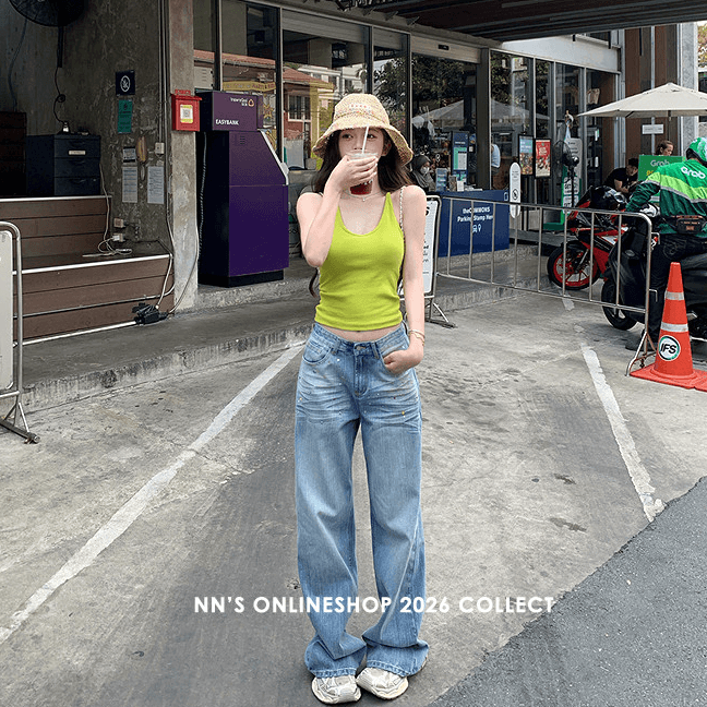 첸 좋은 난 이른 봄 선호 블루스 무거운 작업 색상 진주 핫픽스 하늘색 데님 와이드 레그 팬츠 이미지 3